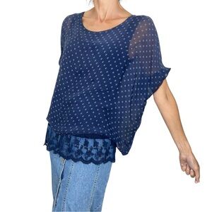Dark blue blue polkadot silky lace hem dolman sleeve top S